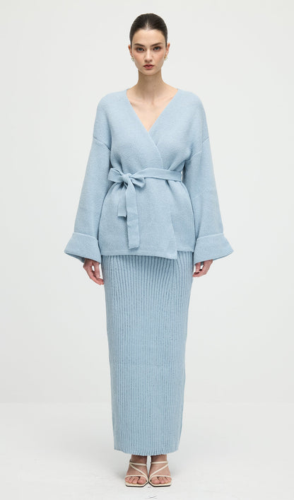 V Neck Waist Tie Knitted Top & Skirt Set