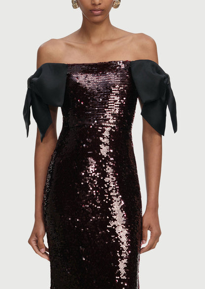 Brown Sequin Bow Maxi Dress