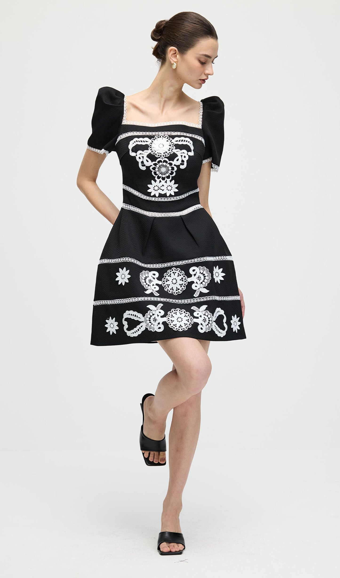 A Line Embroidered Puff Sleeves Mini Dress