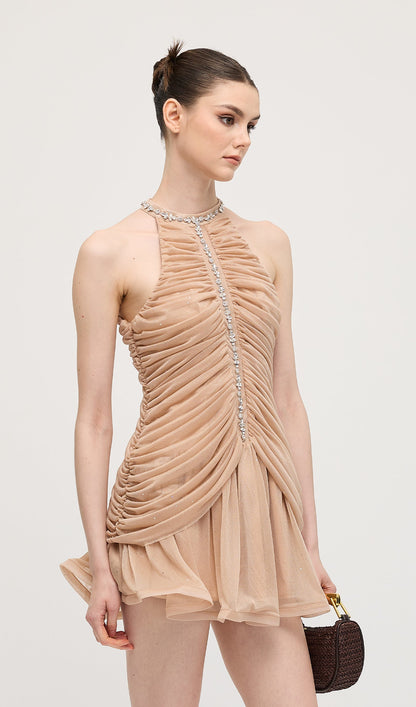 Embellished Ruched Mini Dress In Apricot
