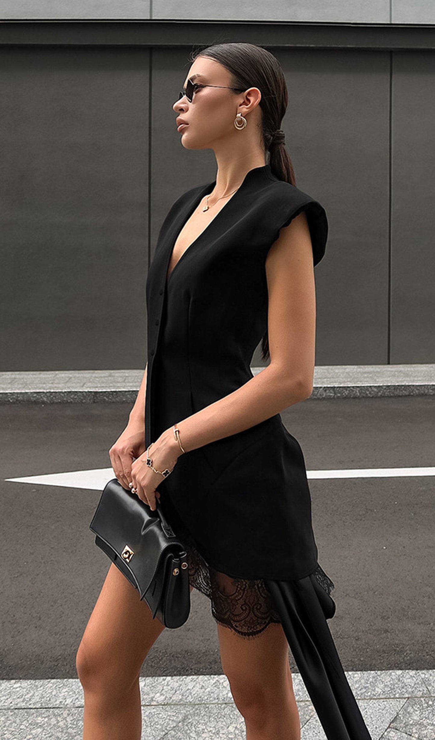 Short V-neck Suit & Sleeveless Dress Set Black