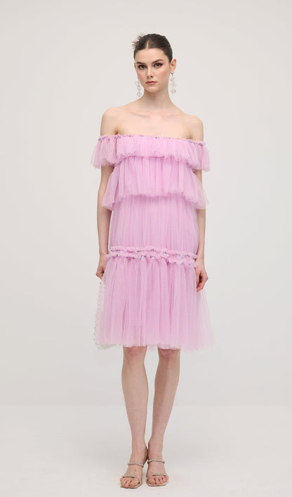 A Line Off Shoulder Layered Midi Dress