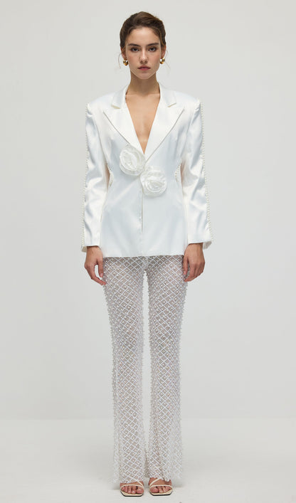 Faux-Pearl Floral Blazer & Trousers Set