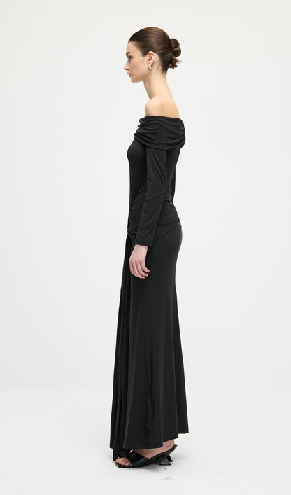 Off Shoulder Ruffle Maxi Dress In Black