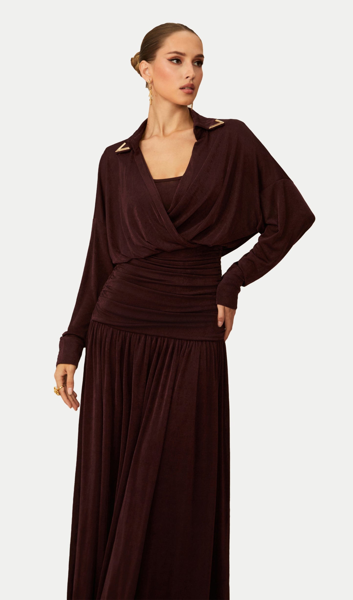 V Neck Ruched Waist Maxi Dress