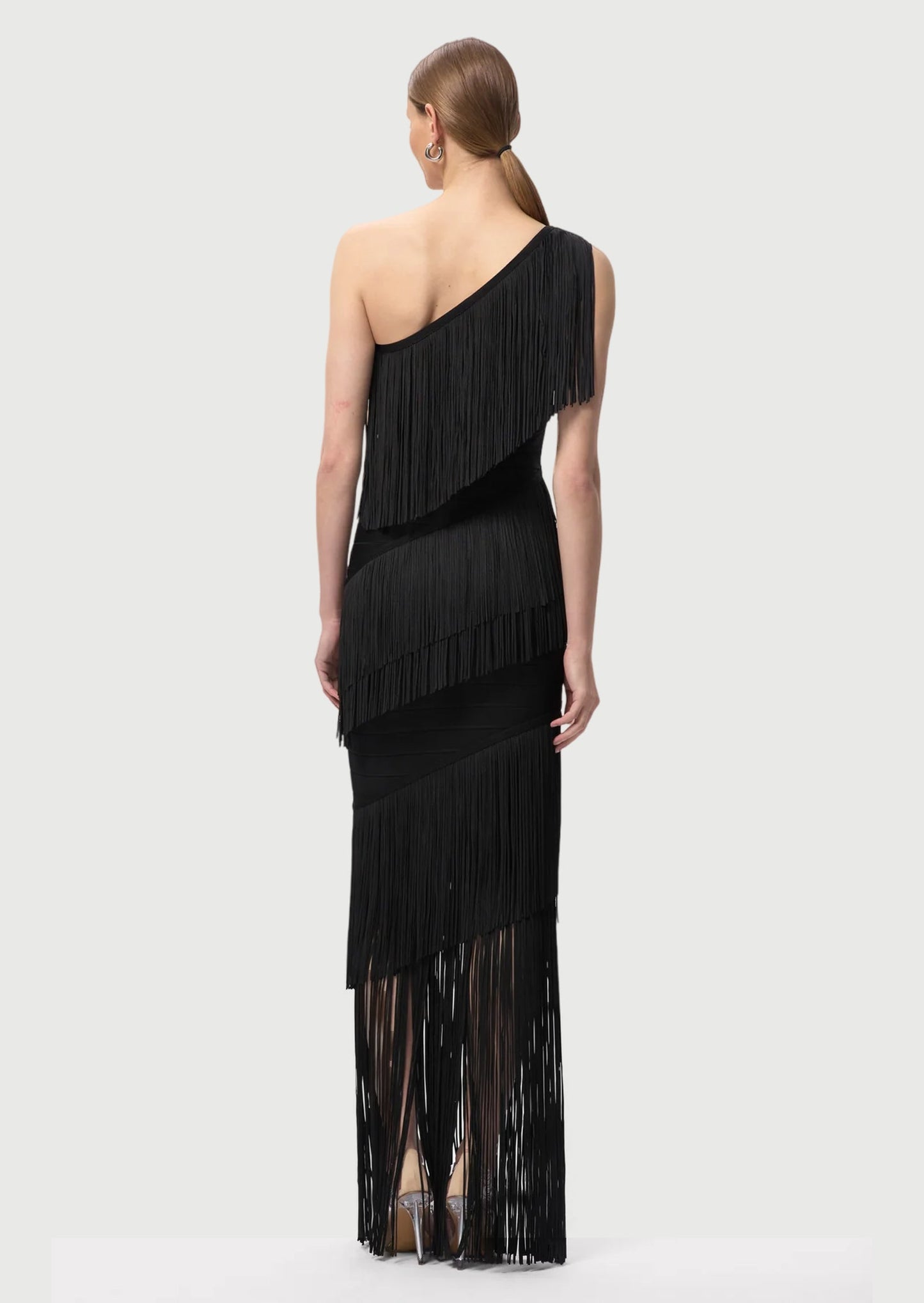 One Shoulder Cascading Fringe Maxi Dress