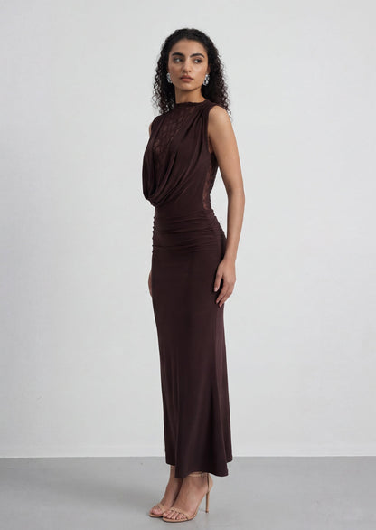 Sleeveless Lace Bodice Ruched Maxi Dress