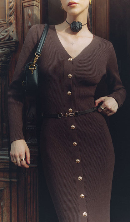 Knitted V Neck Midi Dress