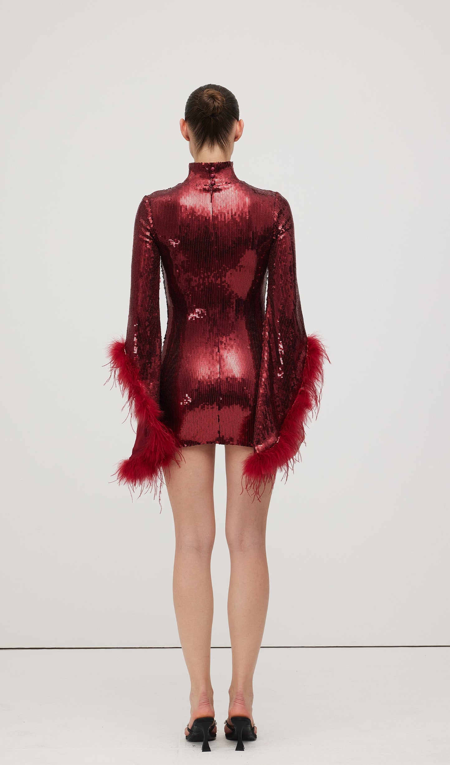 Feather Trimmed Sequined Mini Dress