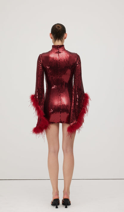Feather Trimmed Sequined Mini Dress