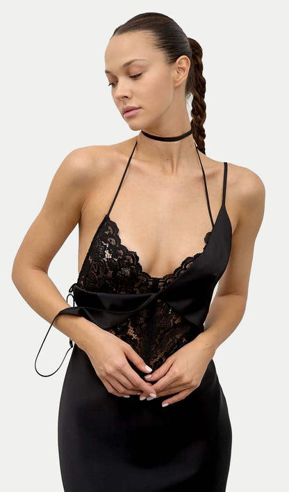 Lace-Trimmed Backless Halter Maxi Dress