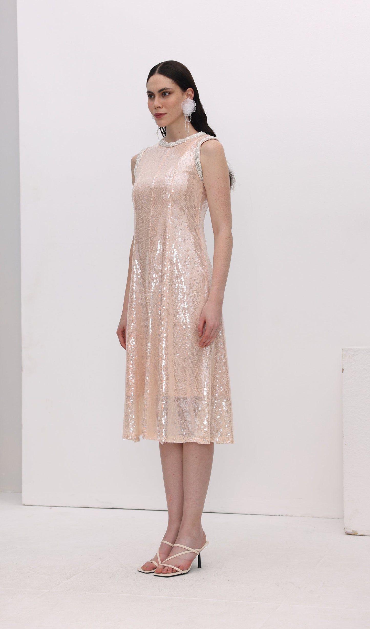Sequin Embellished Pearl Trim Midi Dress
