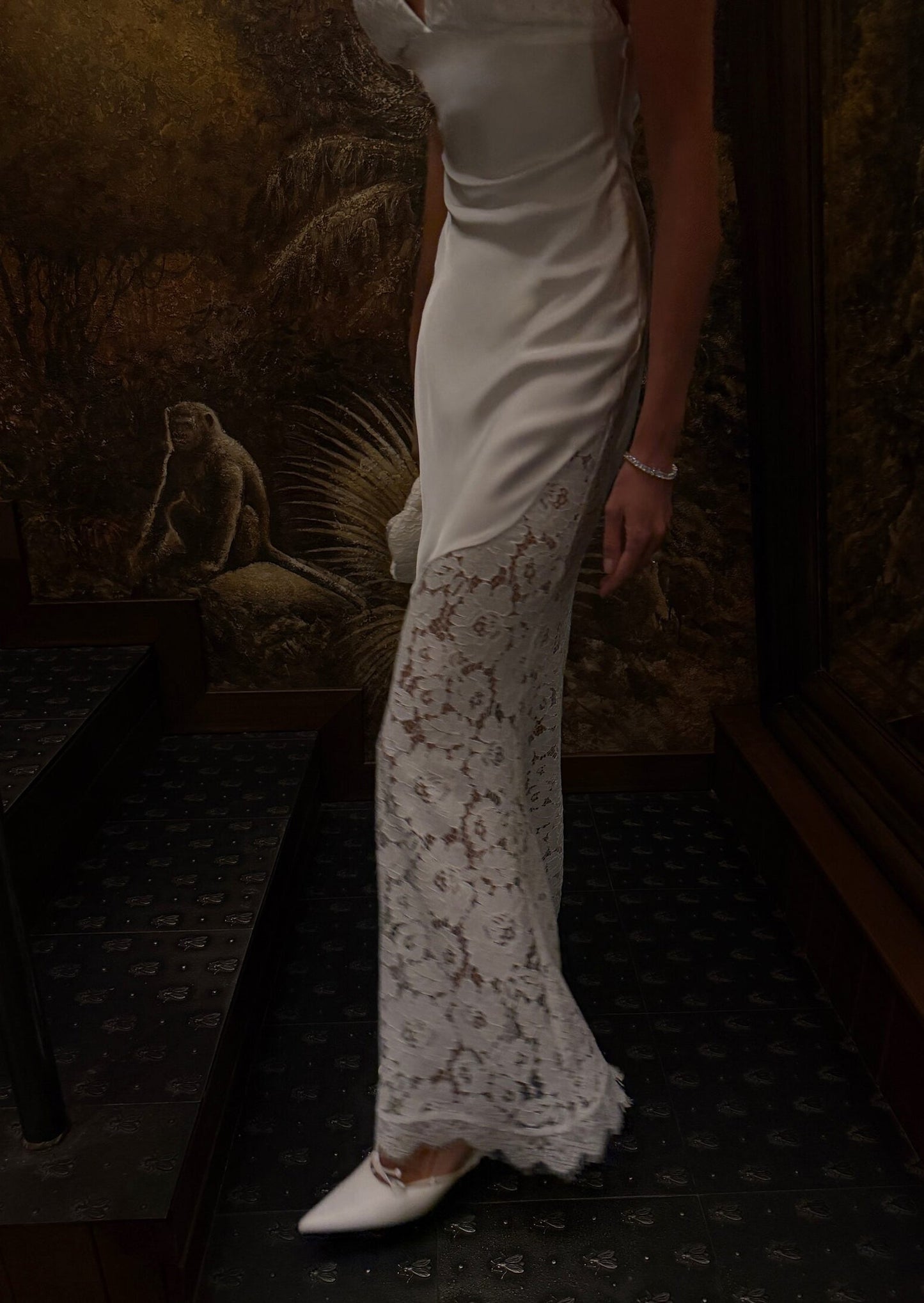 V Neck Satin Maxi Dress With Lace In White
