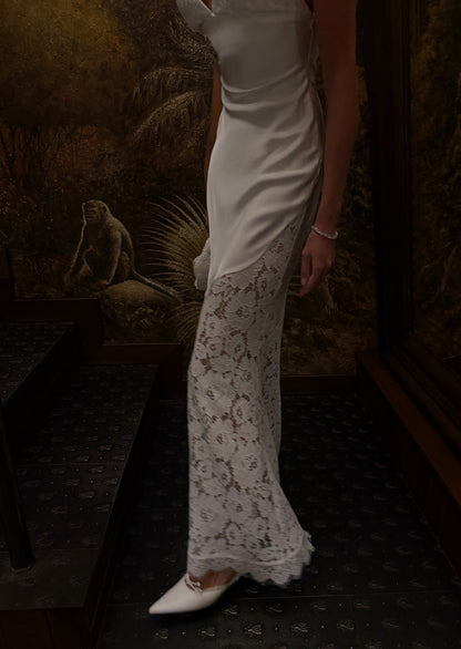 V Neck Satin Maxi Dress With Lace In White