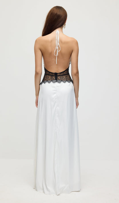 Lace And Satin Maxi Dress In White