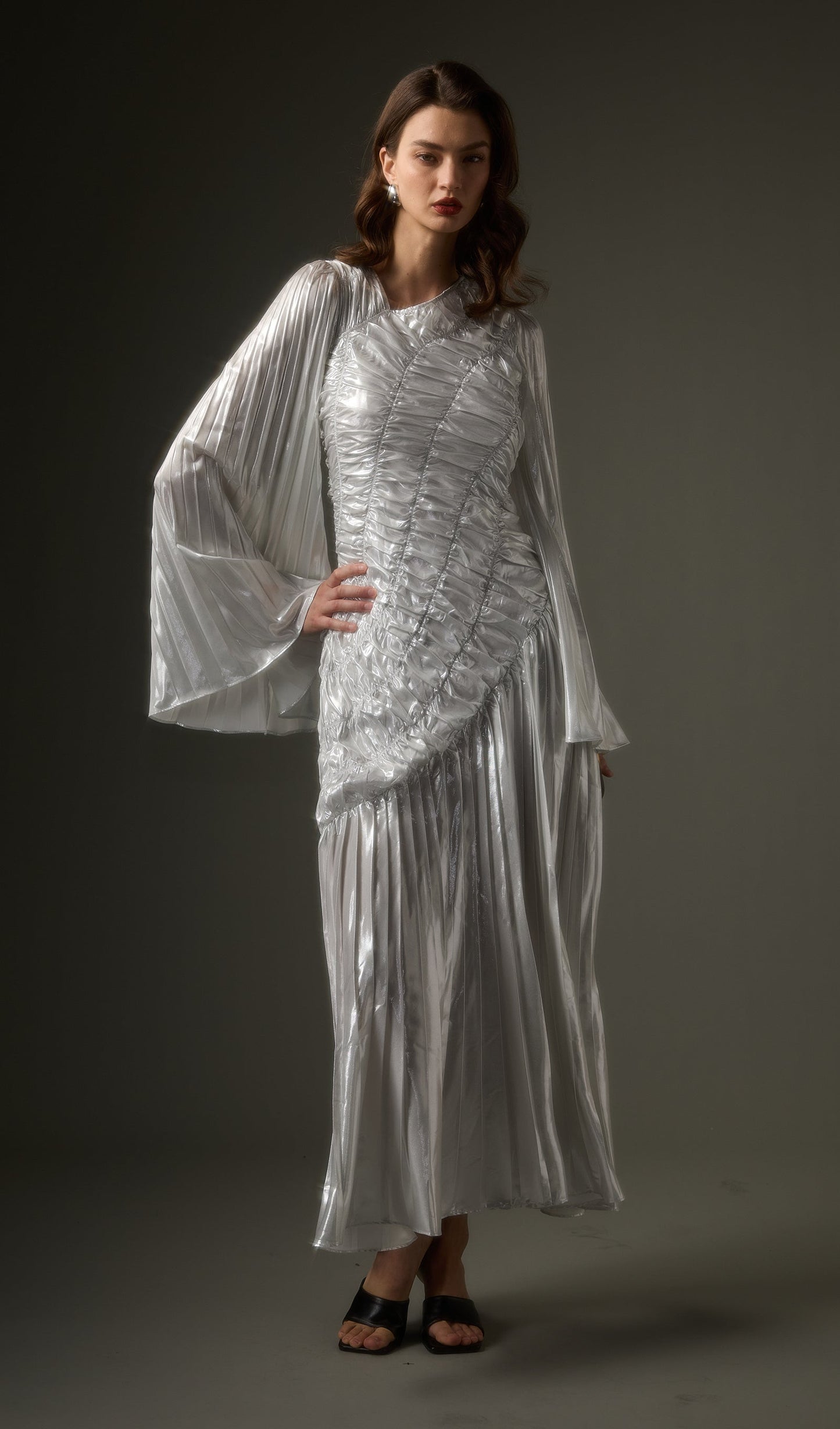 Metallic Long Sleeve Maxi Dress In Silver