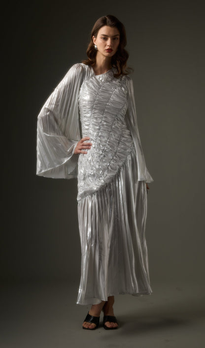 Metallic Long Sleeve Maxi Dress In Silver
