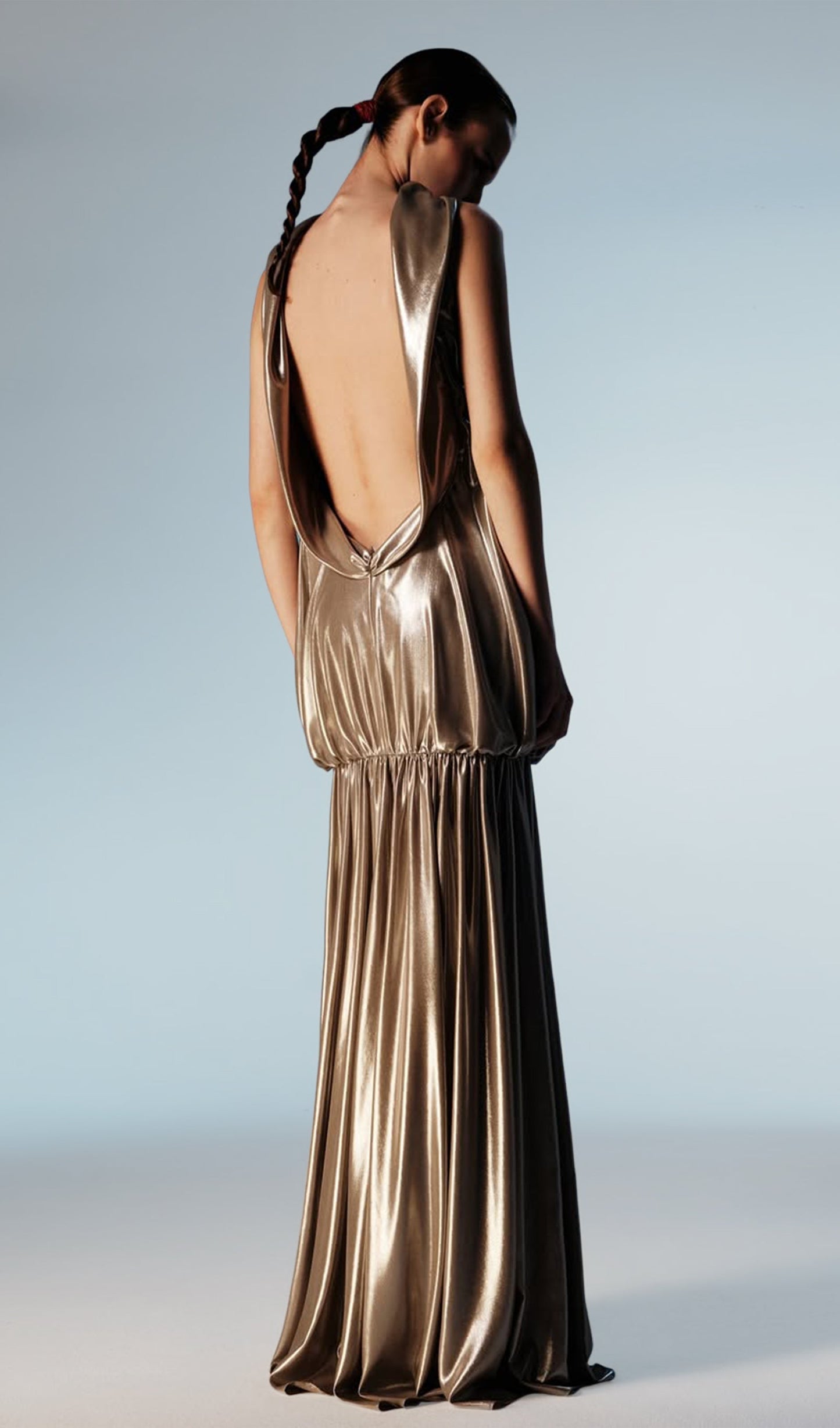 Draped Metallic Open Back Maxi Dress