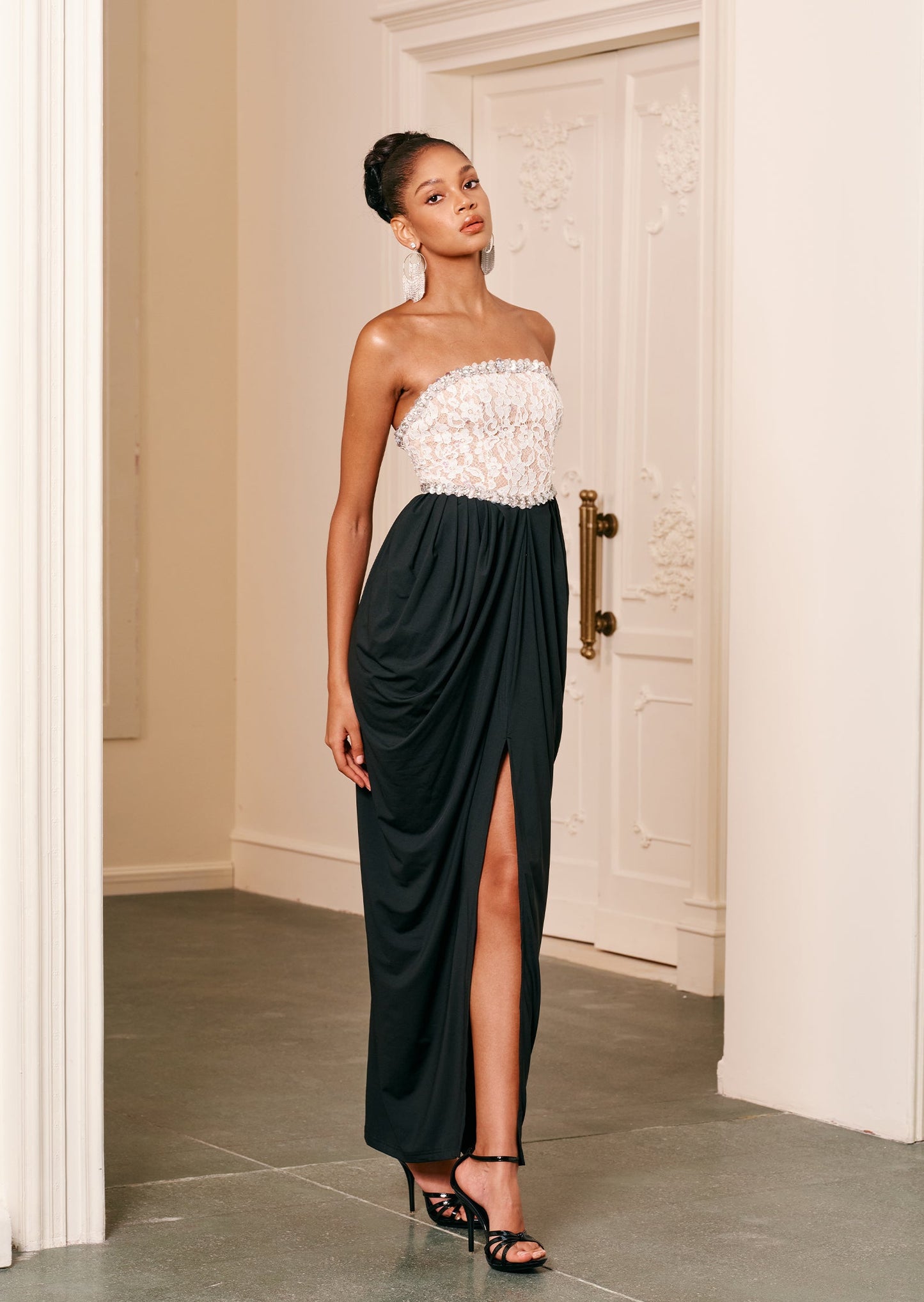 Strapless Lace Beaded Patchwork Maxi Dress