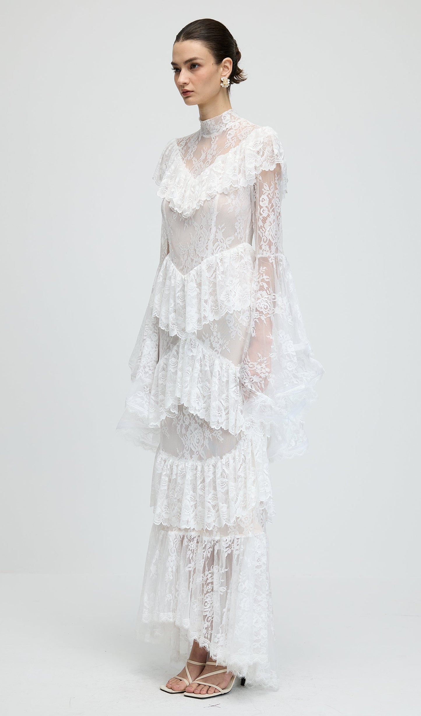 Floral Lace Ruffled Maxi Dress In White
