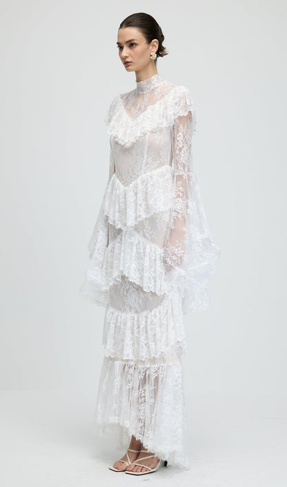 Floral Lace Ruffled Maxi Dress In White