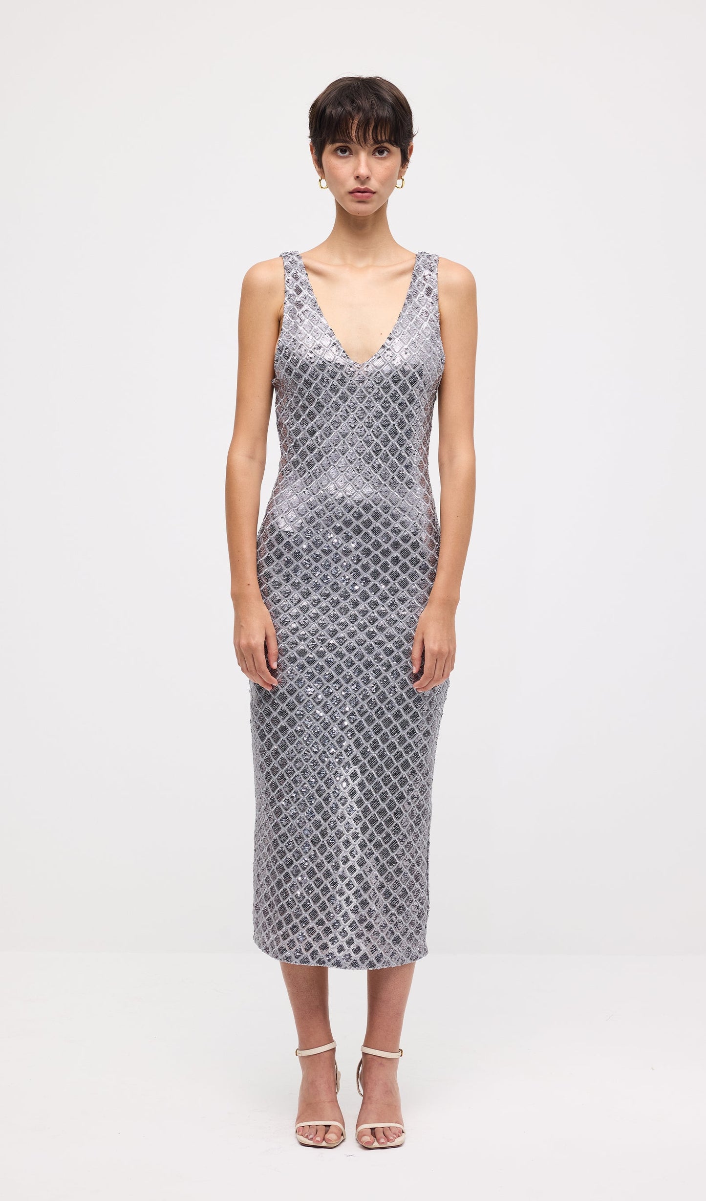 Sleeveless Embellished V Neck Midi Dress