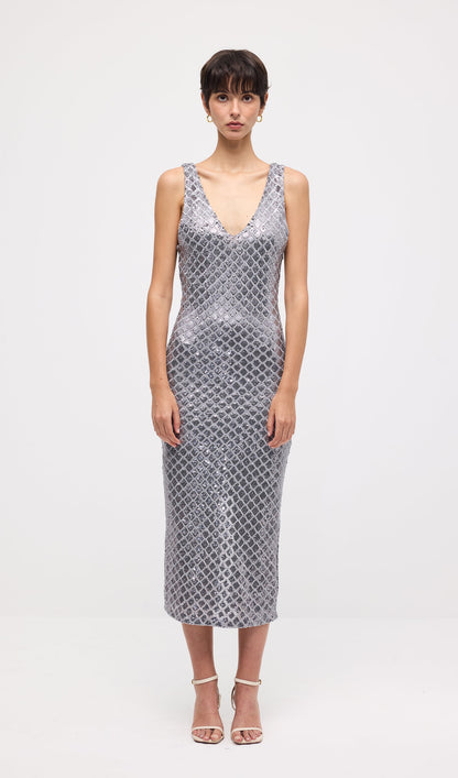 Sleeveless Embellished V Neck Midi Dress