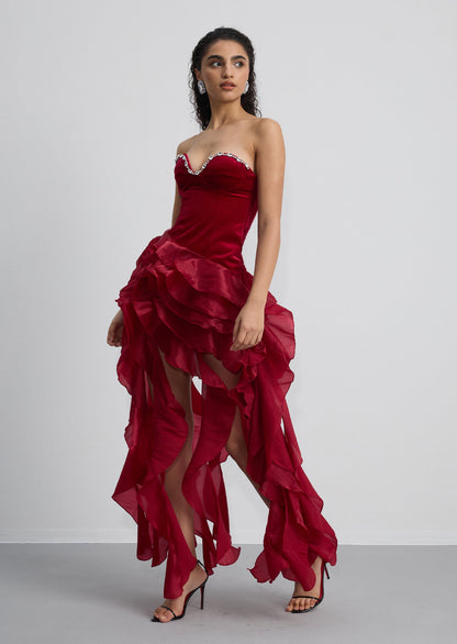 Strapless Ruffled Velvet Maxi Dress In Red