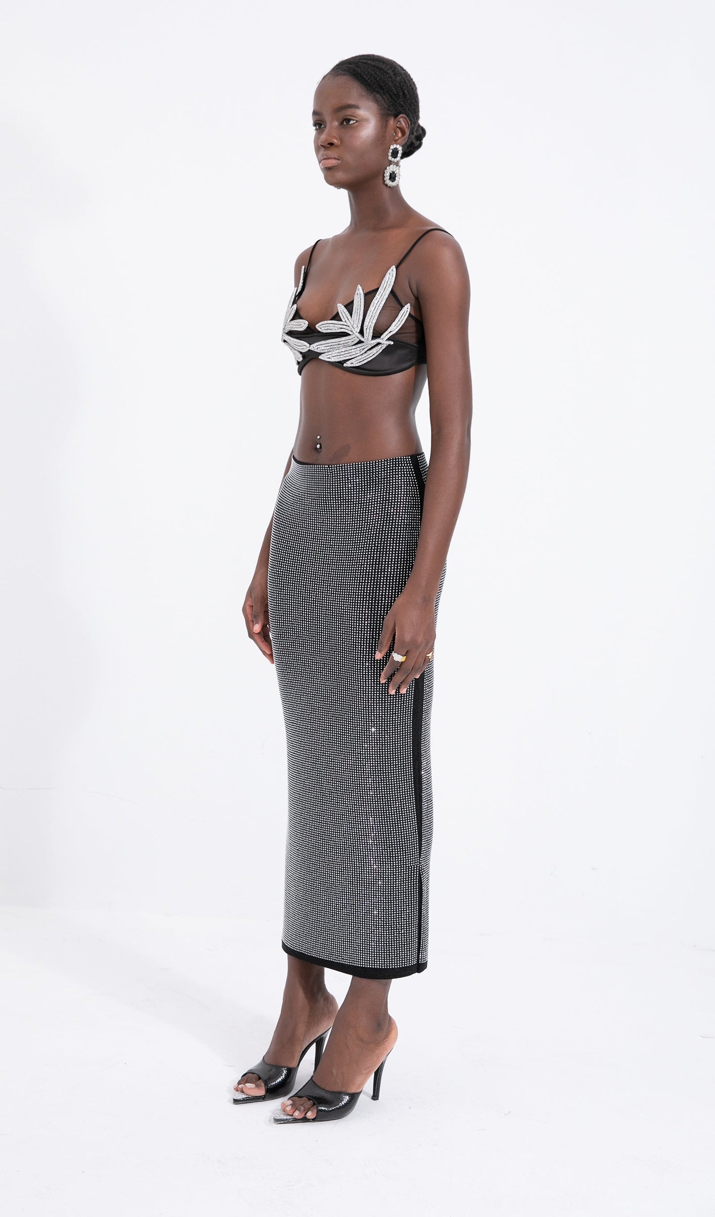 Silver-Tone Beaded Midi Skirt