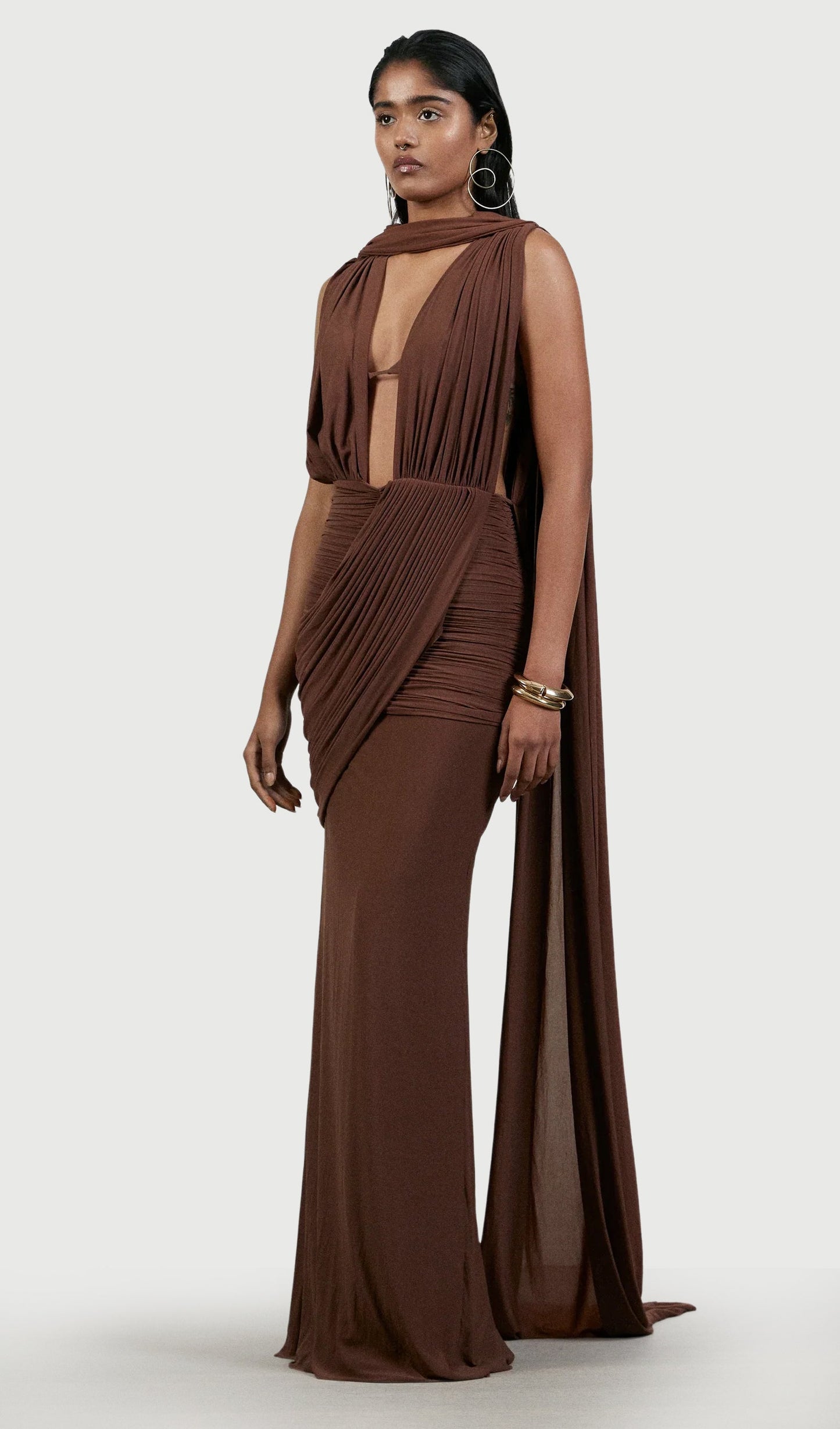Layali Rose Deep V Neck Pleated Maxi Dress