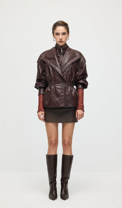 Waisted Lapel Leather Jacket In Brown