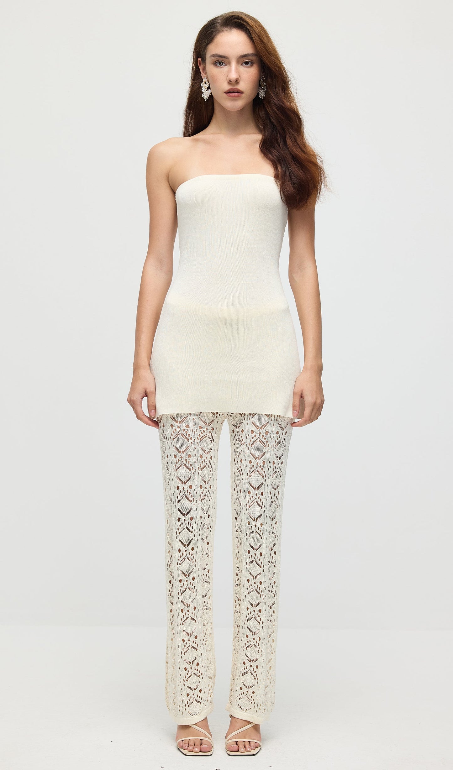 Bandage Knit Top & Crochet Knit Pants In Ivory