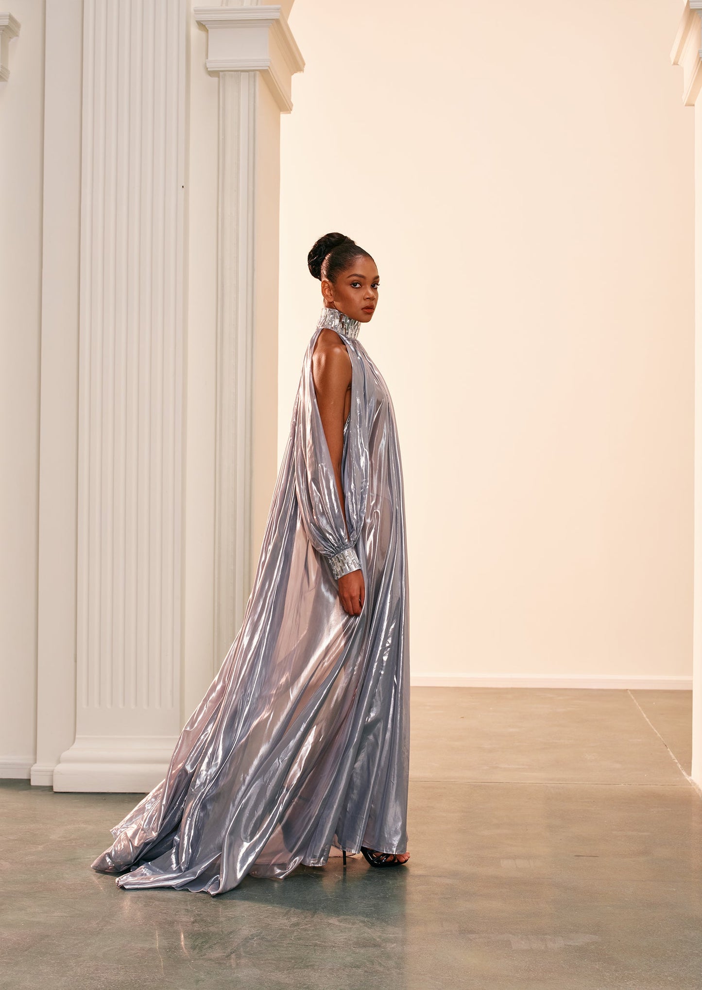 Silver Chiffon Lamé Maxi Dress With Halter Neck