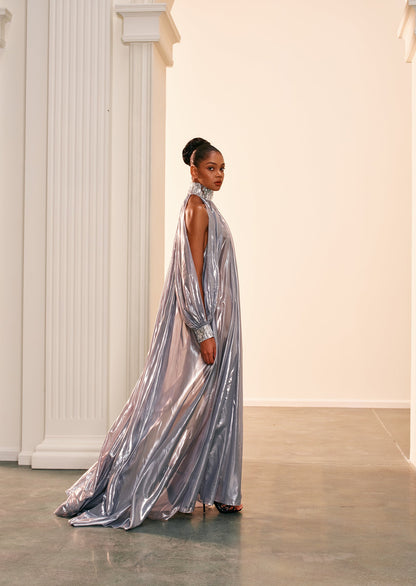 Silver Chiffon Lamé Maxi Dress With Halter Neck