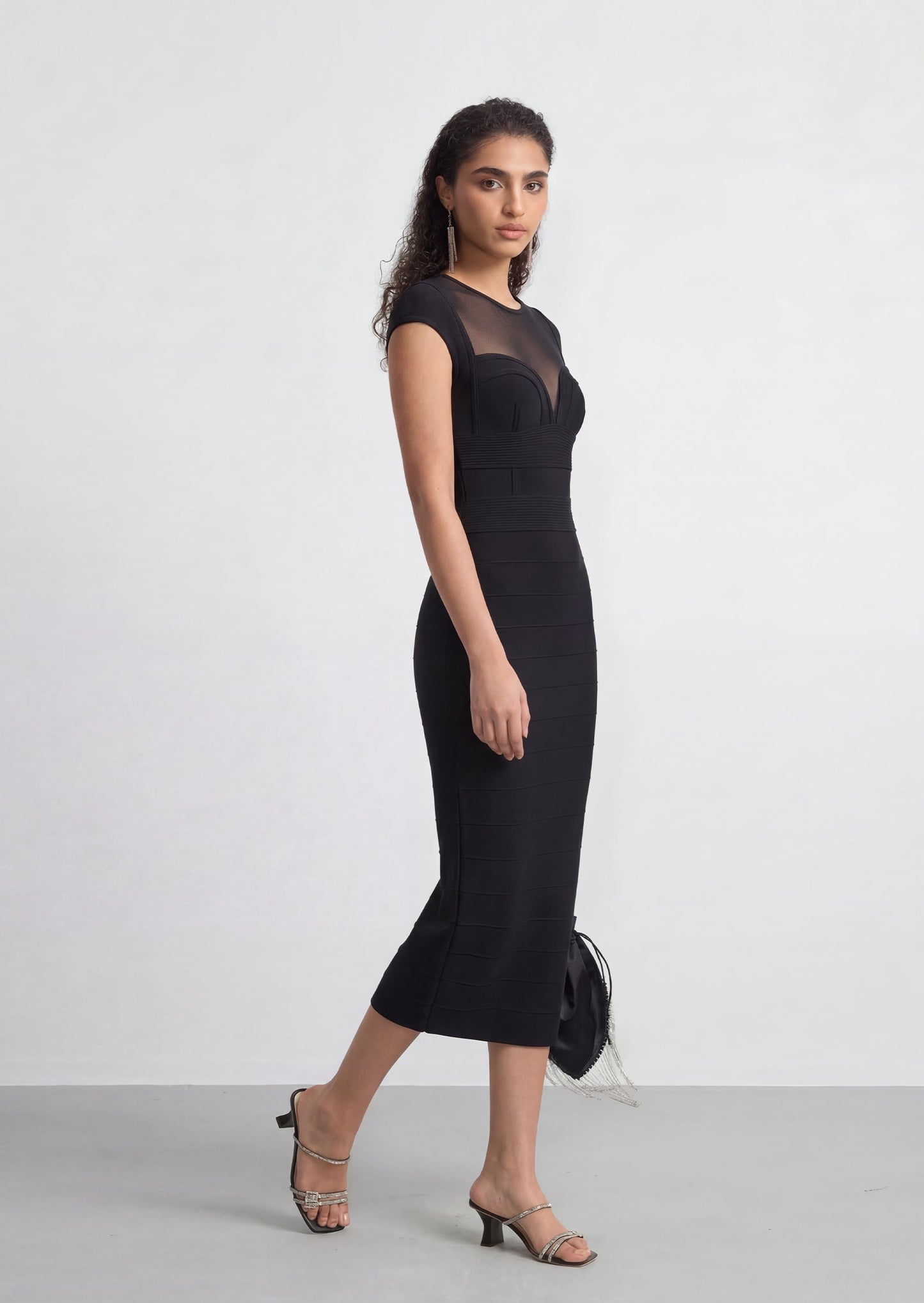 Herve Cap Sleeve Mesh Insert Midi Dress