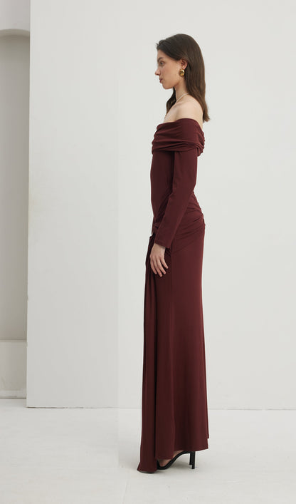 Off Shoulder Ruffle Maxi Dress Reddish Brown