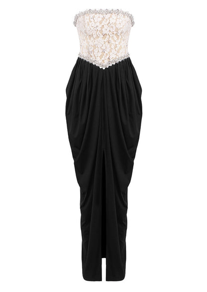 Strapless Lace Beaded Patchwork Maxi Dress