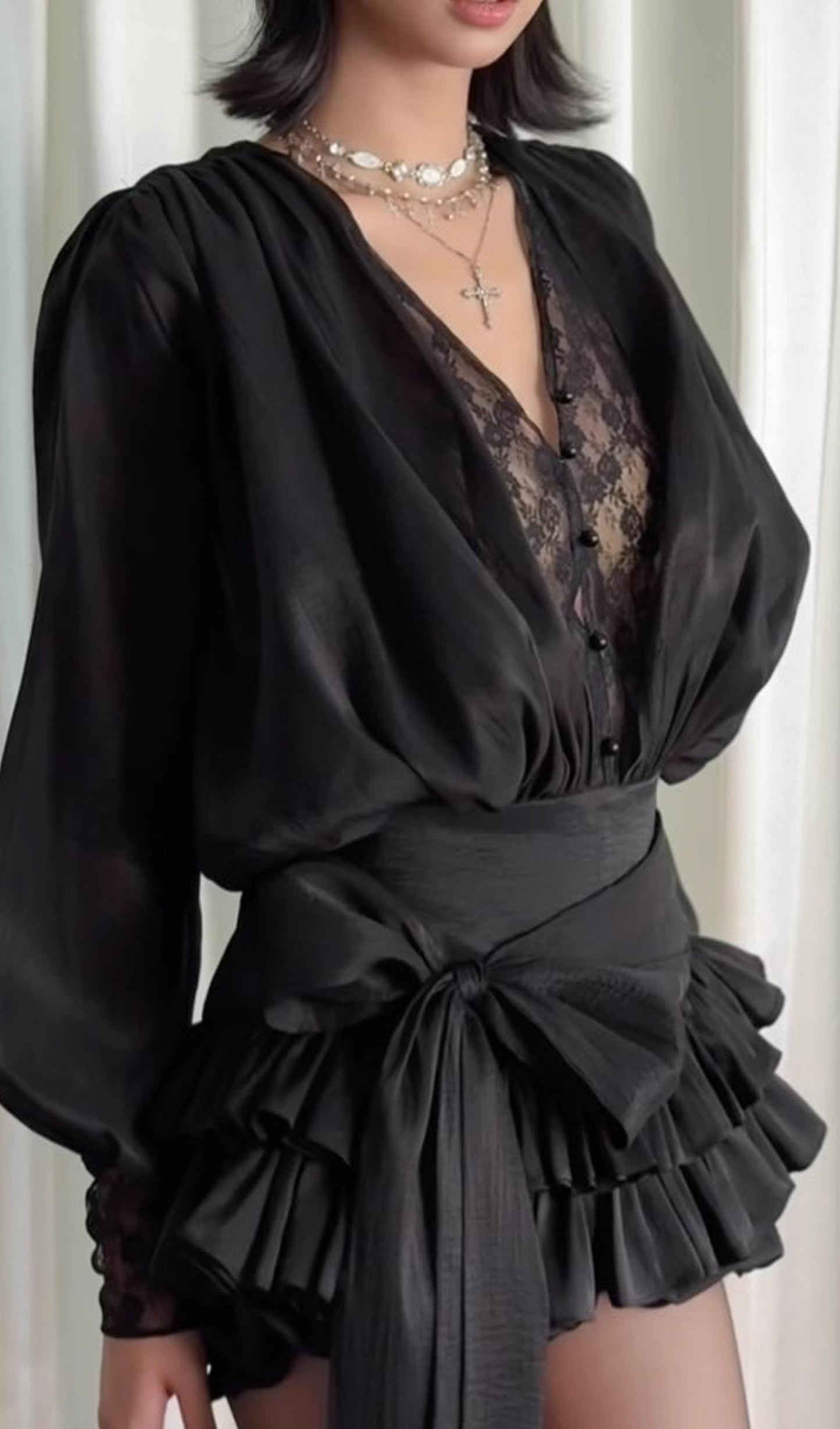 Lace Waist Panel Shirt Mini Dress In Black