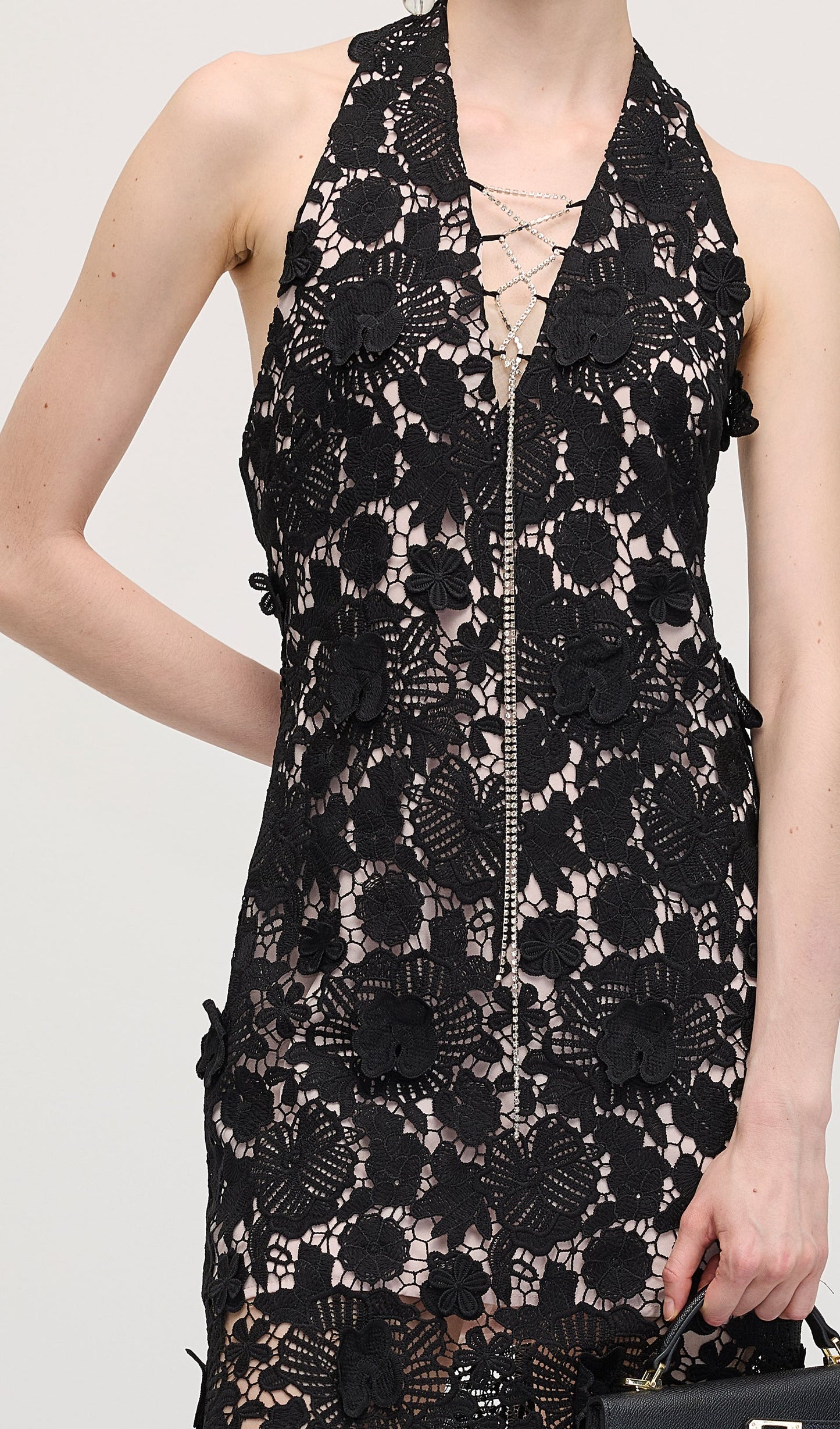 Halter Lace Mini Dress In Black