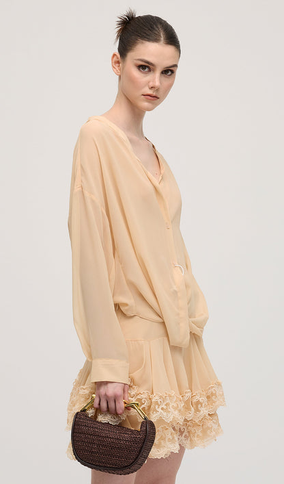 Long Sleeves Layered Folds Mini Dress