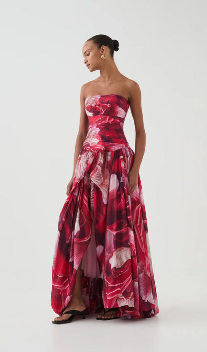 Off Shoulder Ruched Draped Split Maxi Dress