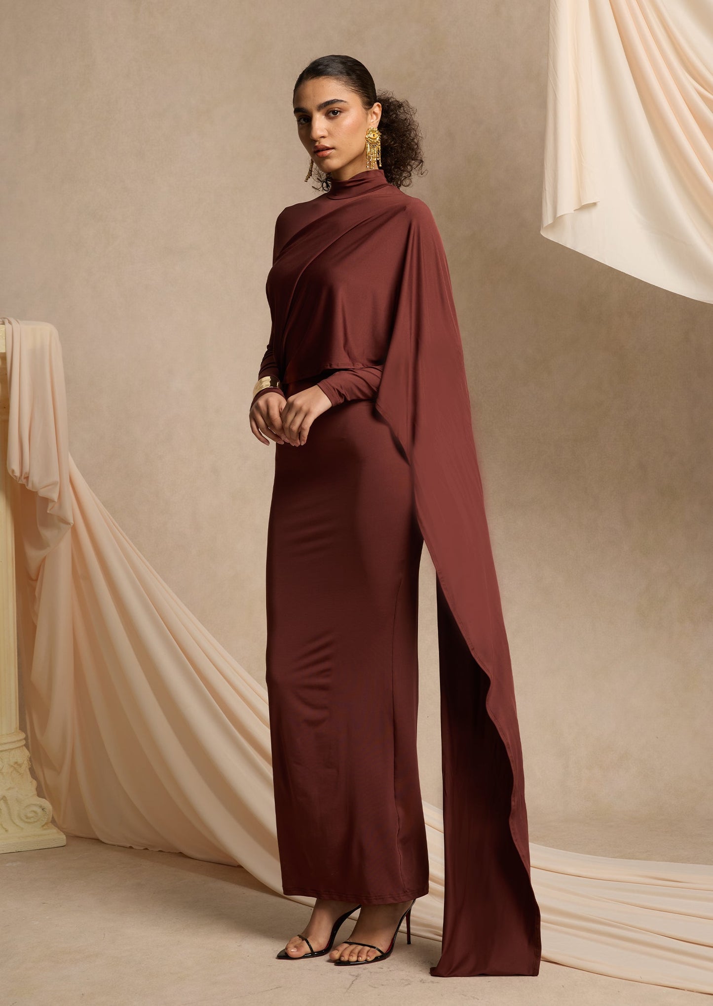 Asymmetrical Draped Cape Maxi Dress