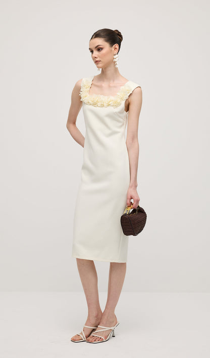 Square Neck 3D Petal Appliques Midi Dress