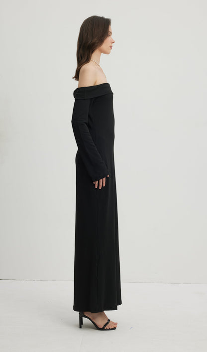 Maida Folded Neckline Maxi Dress Black