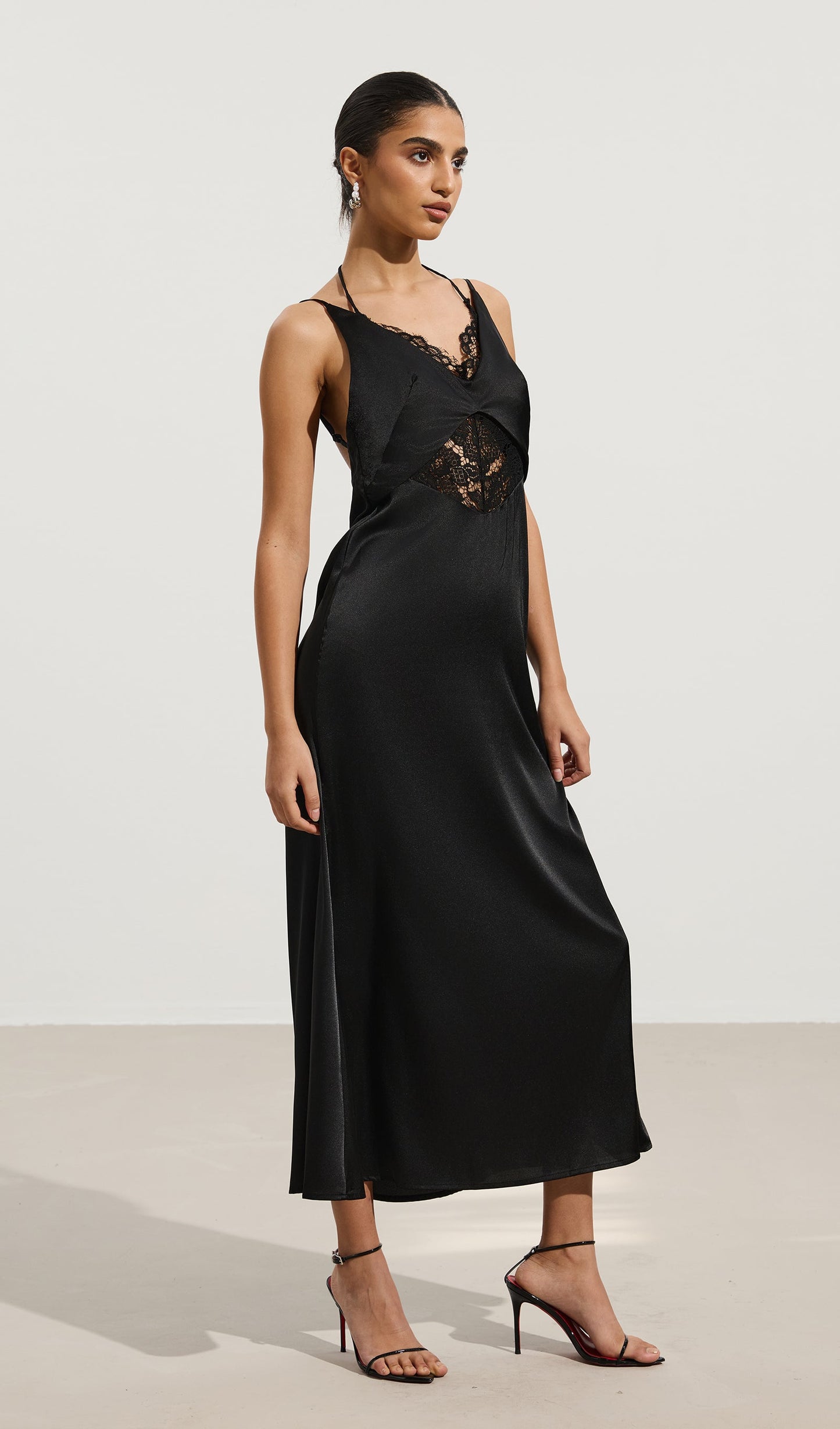 Lace-Trimmed Backless Halter Maxi Dress