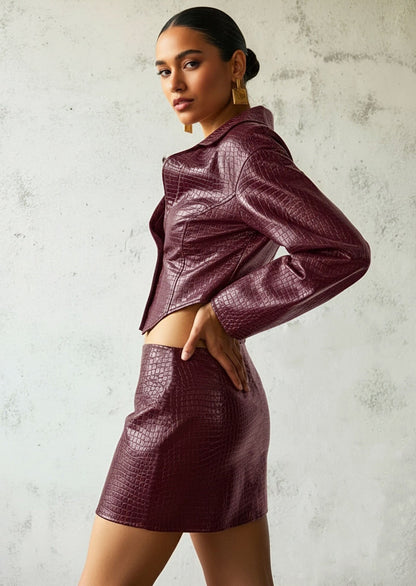 PU Leather Jacket & Mini Skirt Two-Piece Set