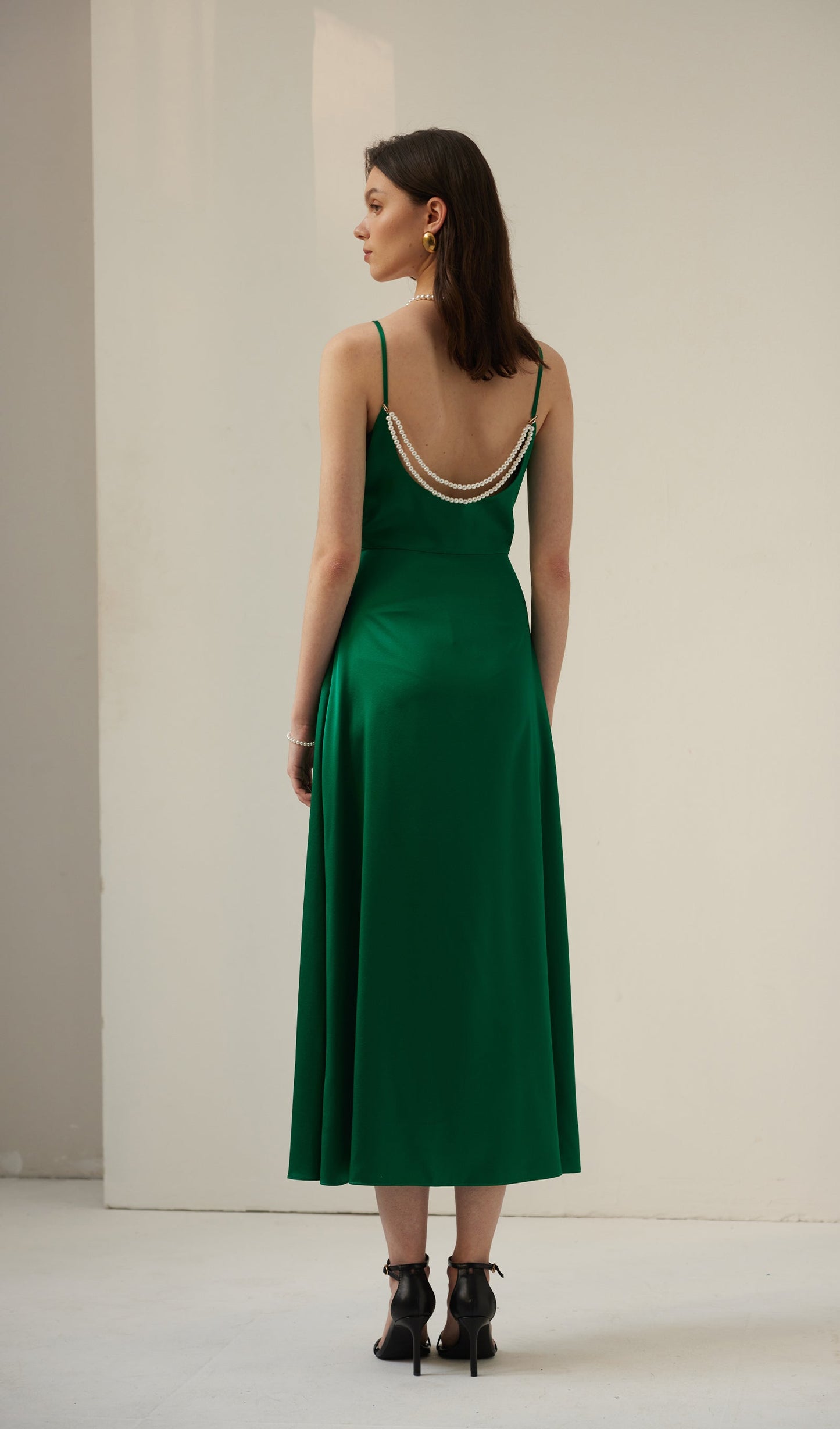 Silk Pearl Midi Dress-Green