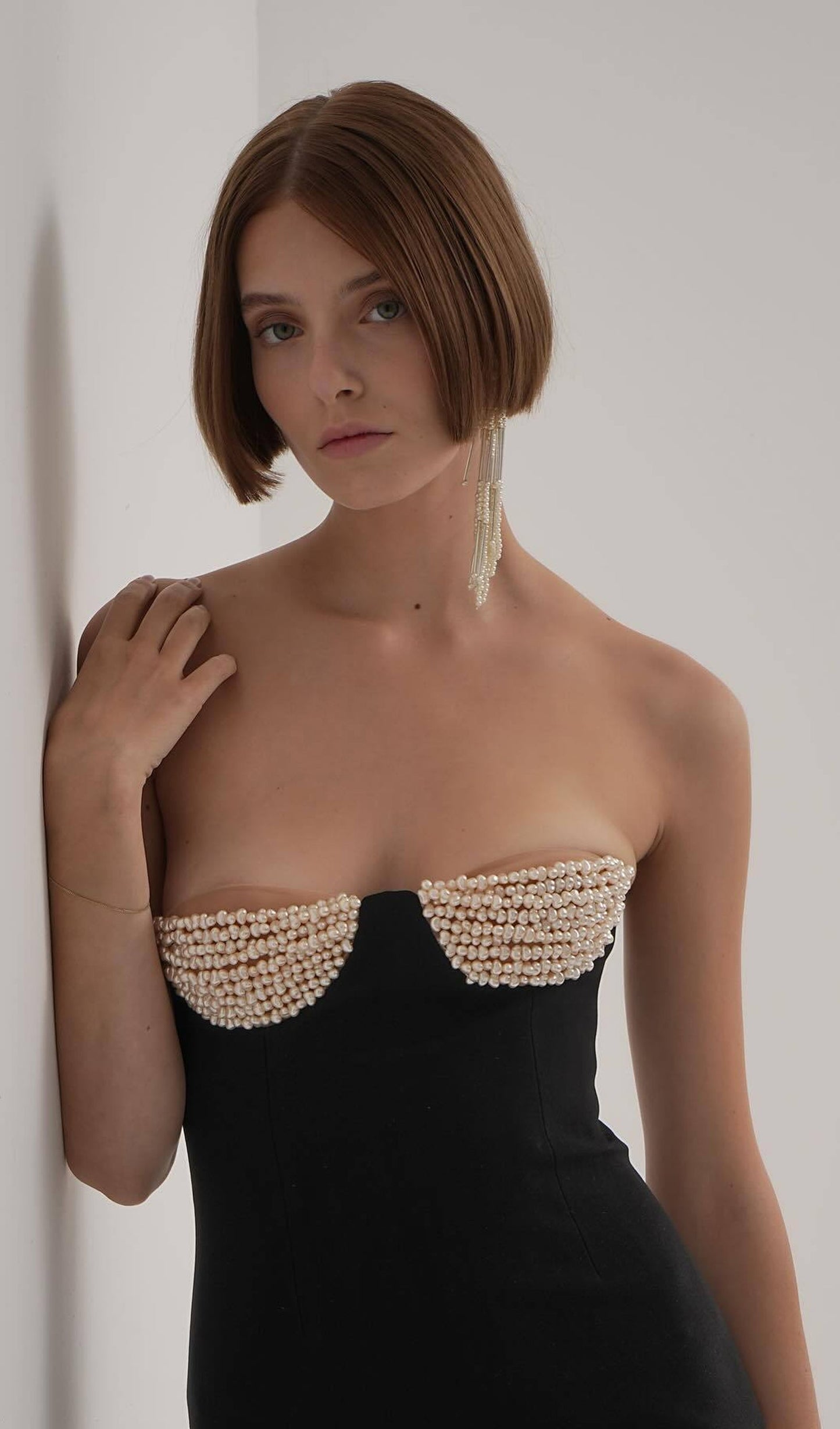 Strapless Crystal Embellished Crepe Midi Dress