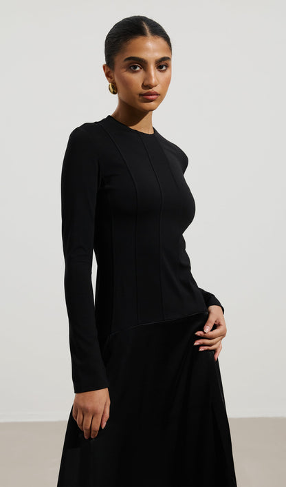 Knitted Satin Maxi Dress In Black