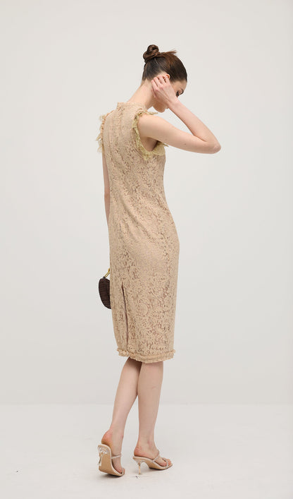 Vintage Embroidered Ruffled Lace Midi Dress